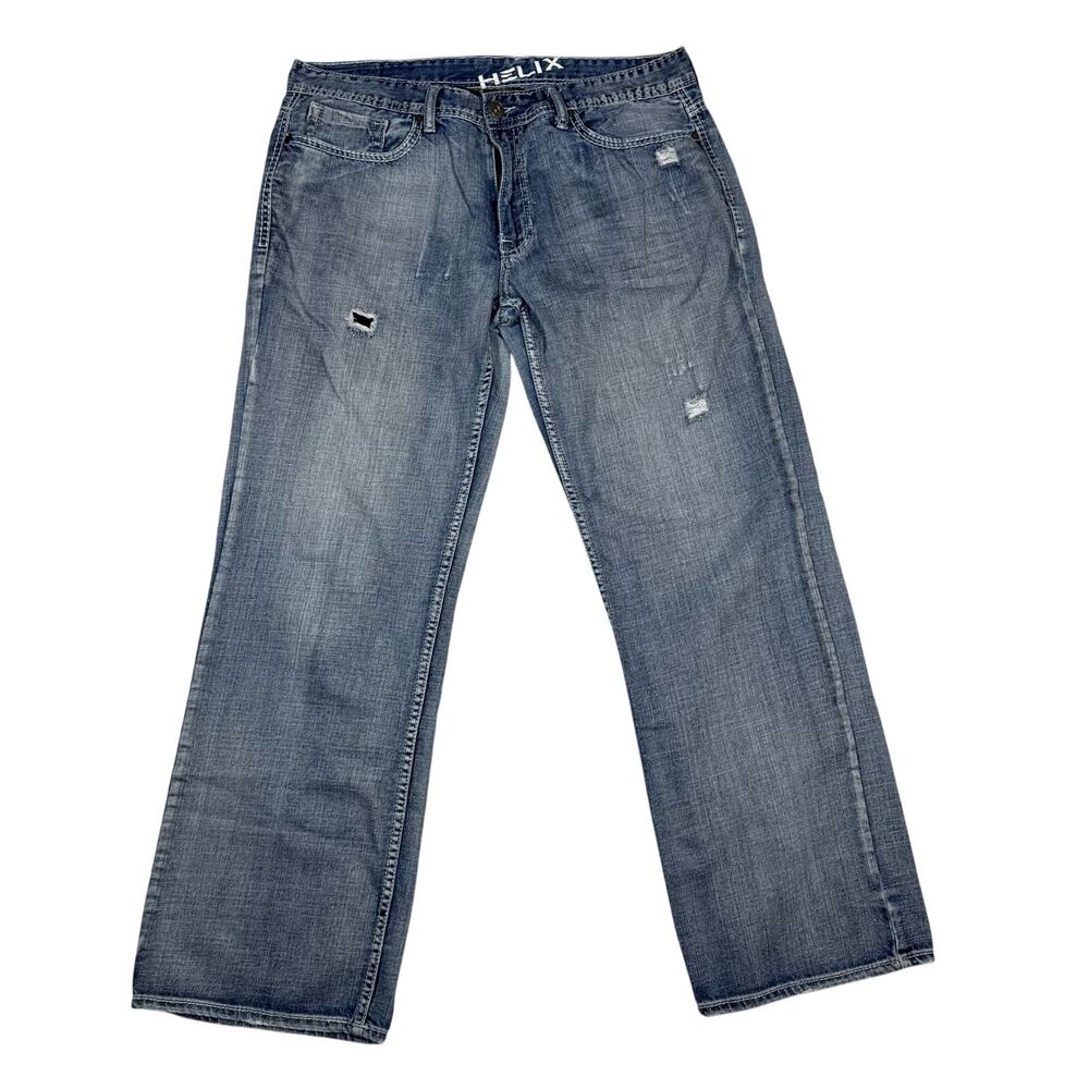 HELIX Loose Straight Baggy Men 36X32 Light Wash Jeans Y2K Distressed Embroidered